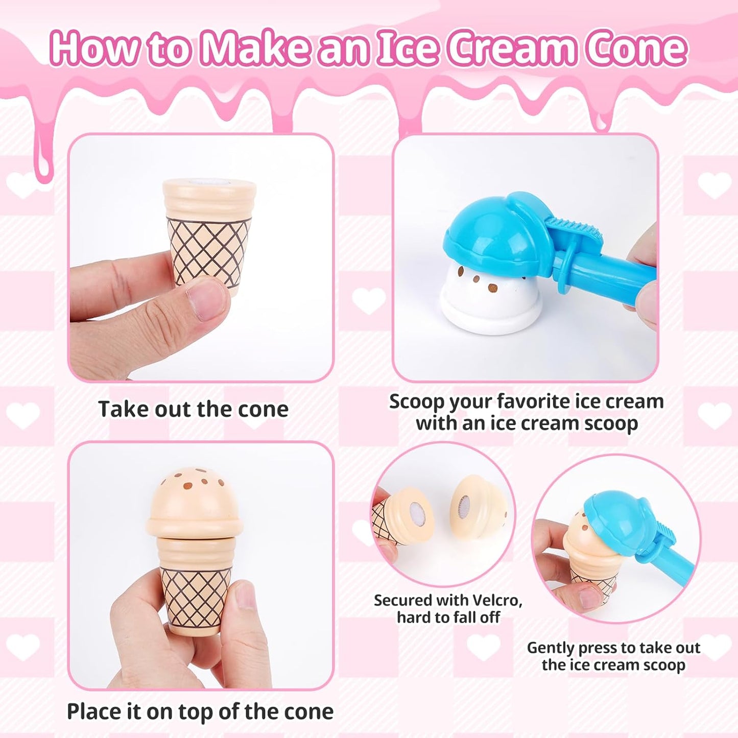 Ice Cream Toy, Wooden Pretend Play Toys Play Store for Kids, Wooden Ice Cream Play Set with Scoop, Menu, Fake Money, Ice Cream Toys Play Kitchen Food Gifts for 3 4 5 6 Year Old Toddlers Girls Boys
