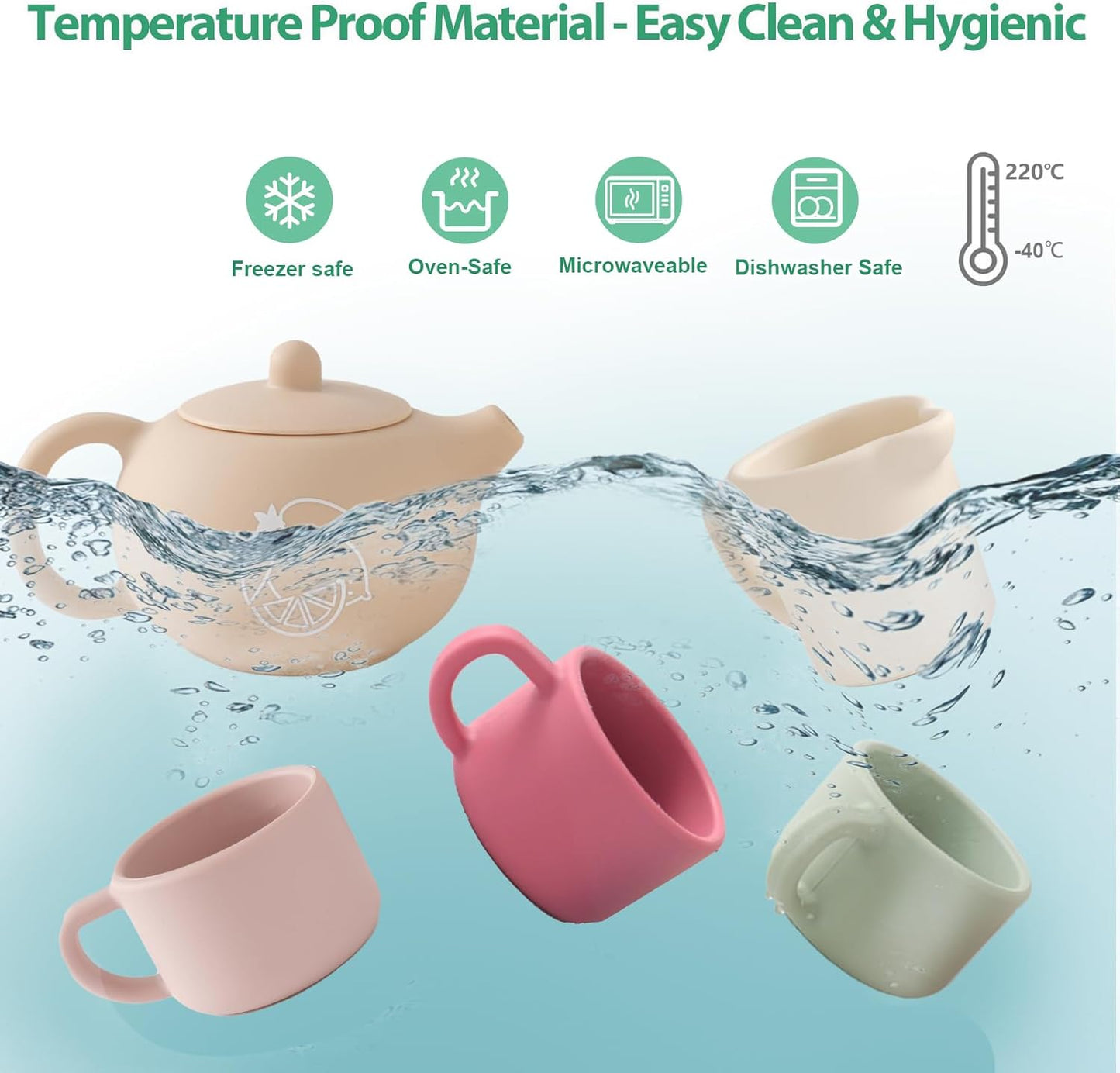 Silicone Tea Set for Toddlers, Montessori Toy 1 2 3 Year Old, Baby Girl Boy Gift, Kid Role Play Picnic Tea Service, Outdoor Mud Kitchen Accessories, Cup and Teapot Playset for Pretend Party