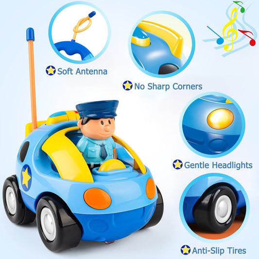 TOPLIVING Remote-Controlled Cartoon Police Car Toy with Lights and Music