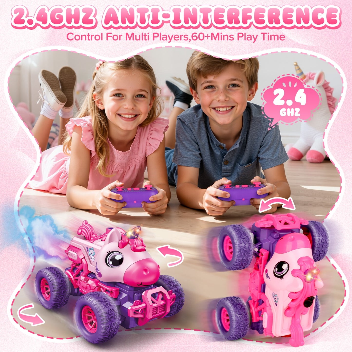 Unicorn Remote Control Cars,Rechargeable RC Cars for Kids with Spray & LED Light