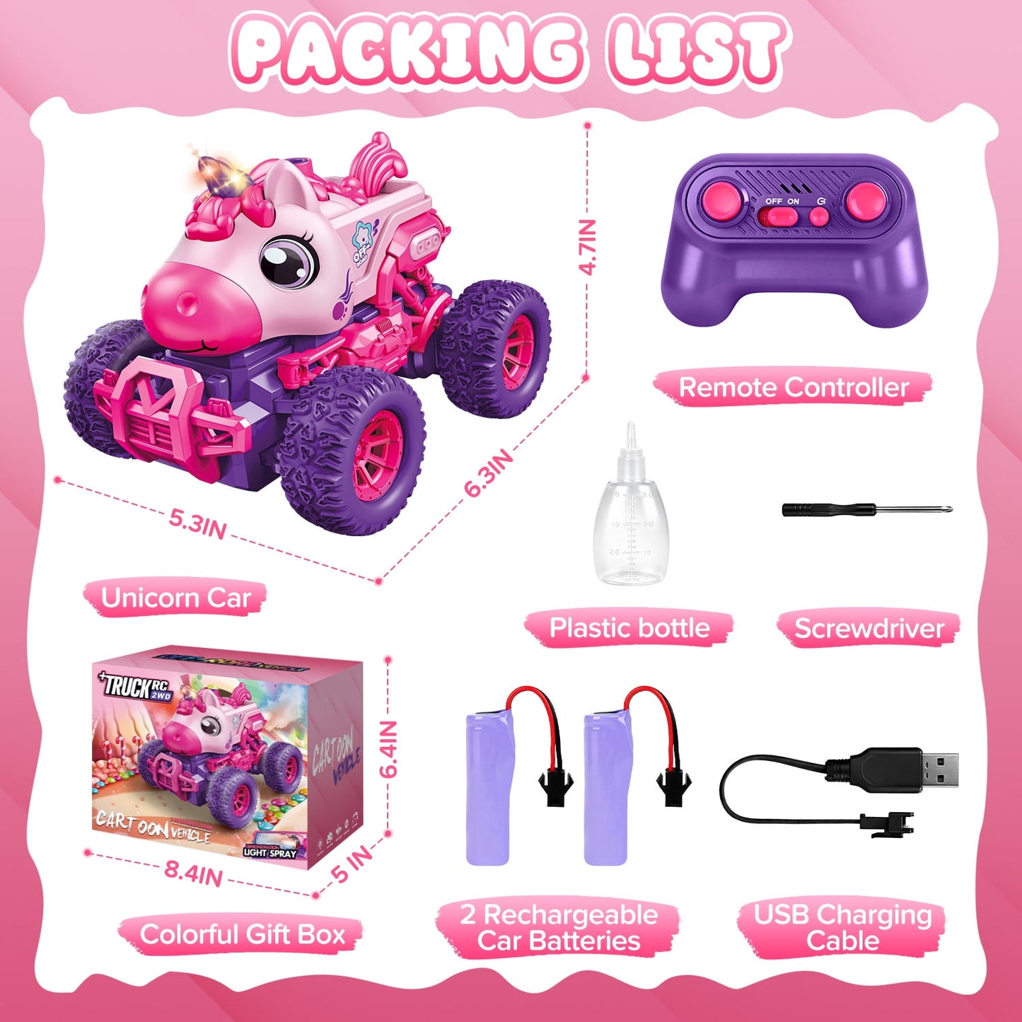 Unicorn Remote Control Cars,Rechargeable RC Cars for Kids with Spray & LED Light