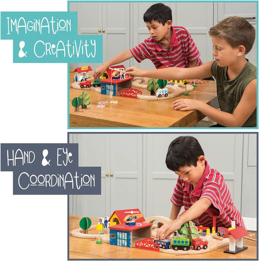 Wooden Train Set - 69 Pieces Wooden Train Tracks & Trains
