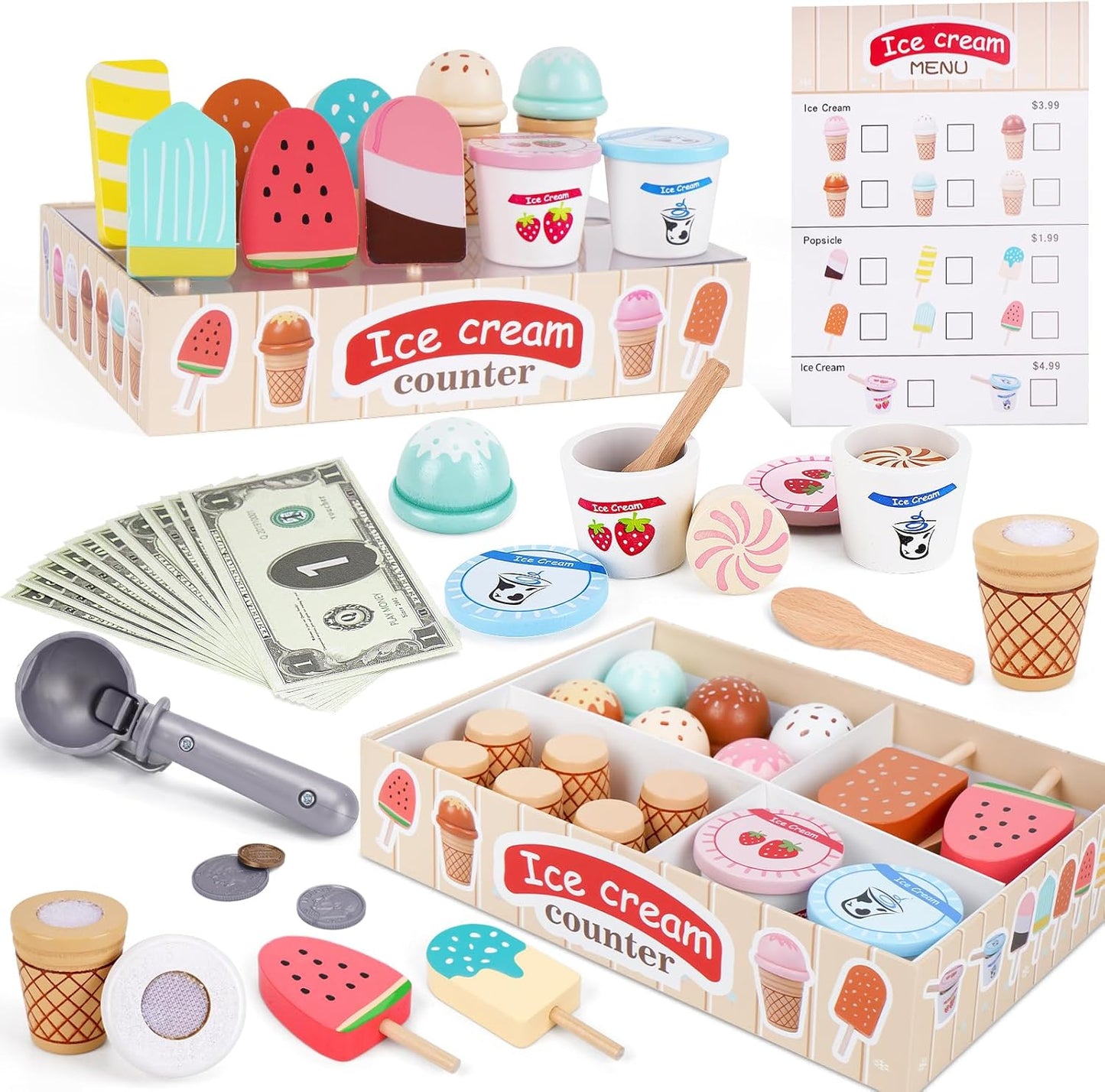 Wooden Ice Cream Toys for Toddlers 3-5