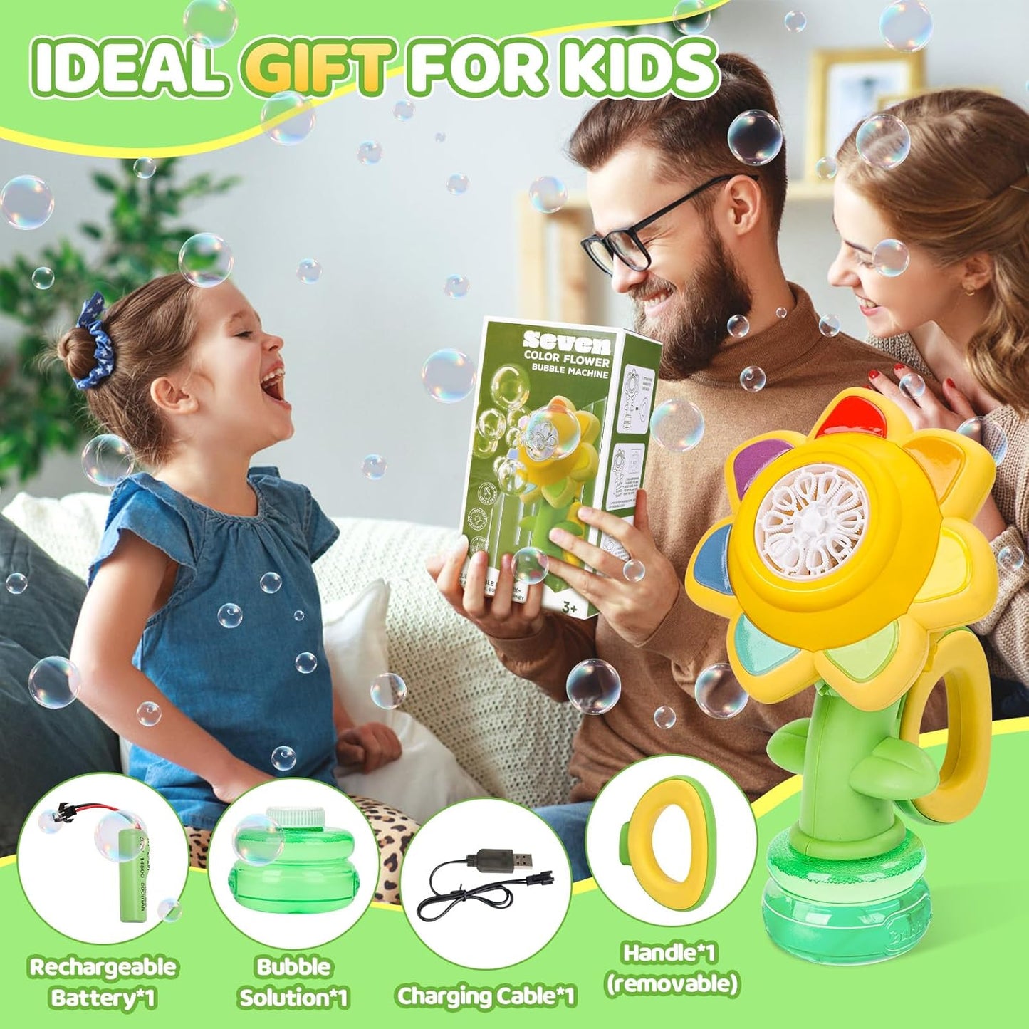 TOPLIVING Bubble Machine for Kids, Rechargeable Dancing Sunflower Bubble Maker