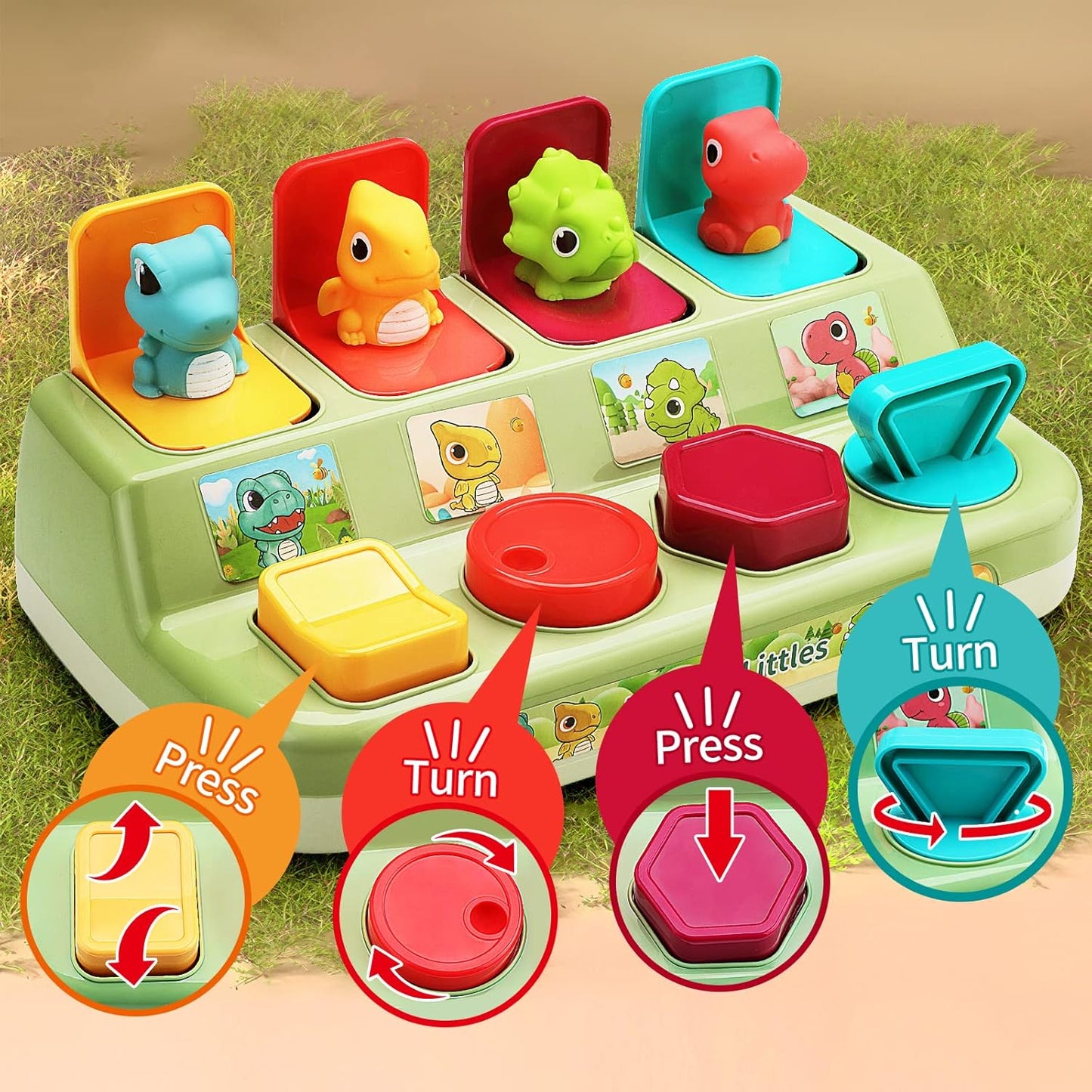 Pop Up Animals Toy for Toddlers 9-18 Months, Dinosaur Cause and Effect Toys for Babies 1 Year Old, Montessori Sensory Learning Fine Motor Skills Development Gift for Boys Girls (No Batteries)
