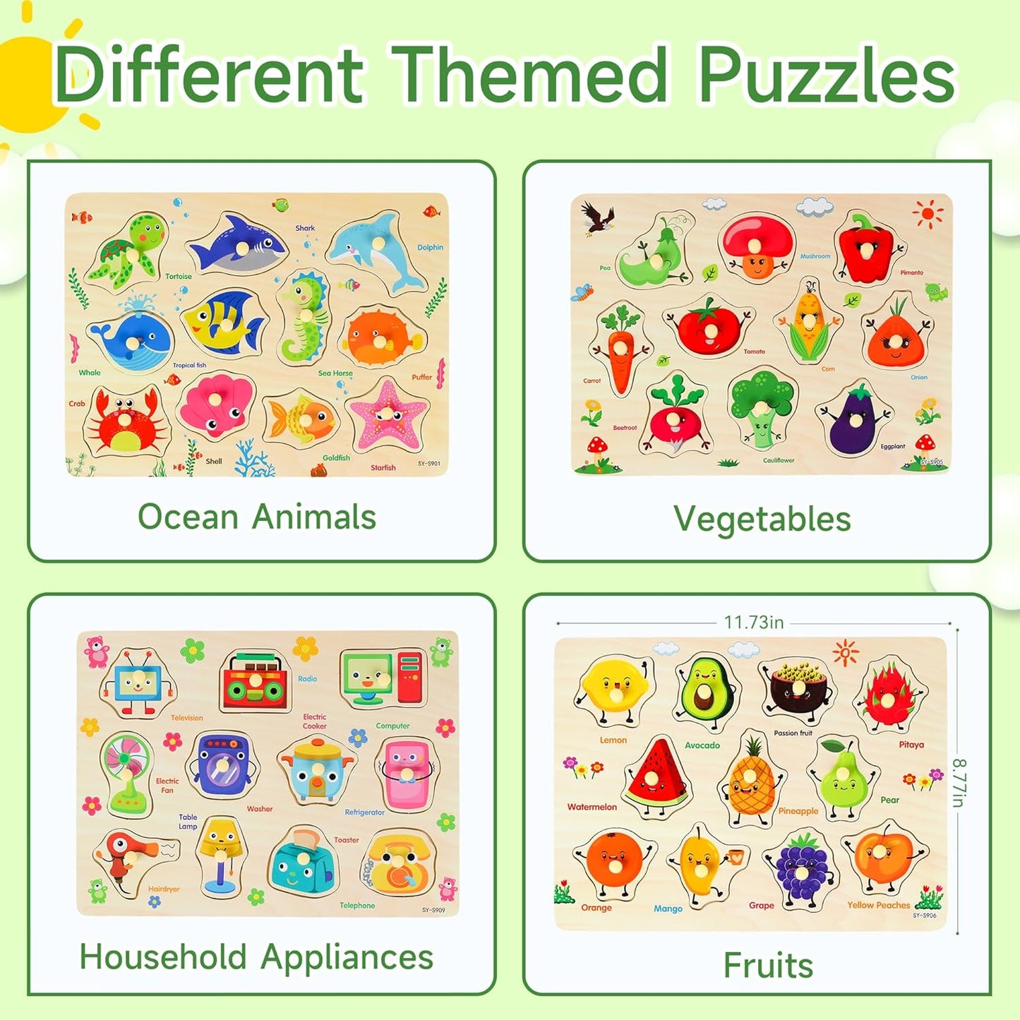 Wooden Peg Puzzles for Toddlers, 4 PCS Toddler Puzzles Set-Fruits, Sea Animals, Home Appliances, Vegetables, Baby Puzzle Montessori Toys for 3 4 5 Years Boys Girls, Kids Preschool Learninng Toys Gift