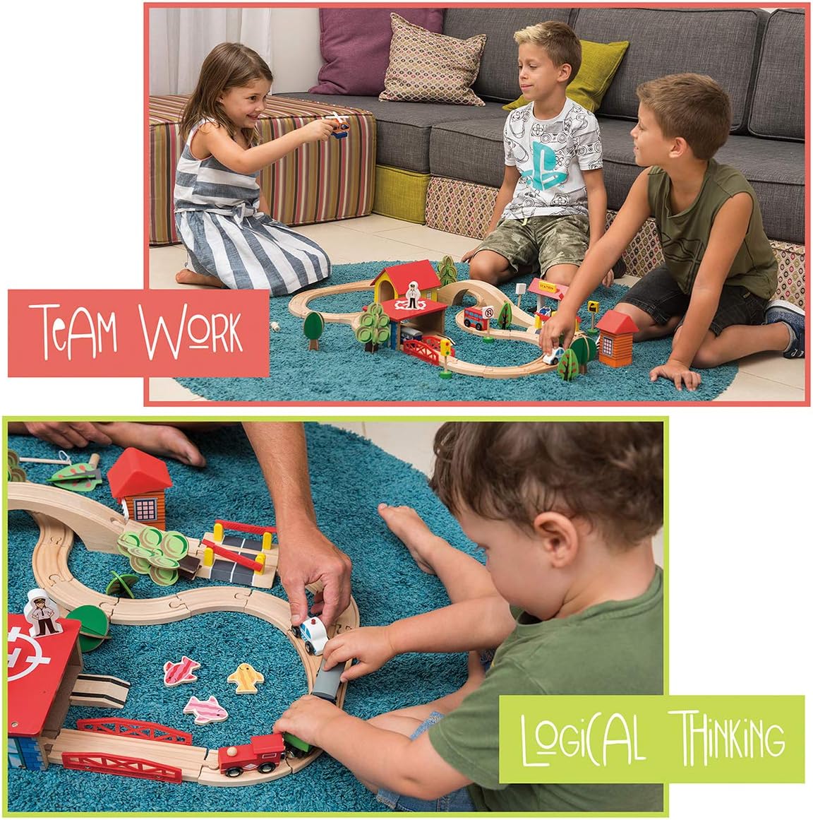 Wooden Train Set - 69 Pieces Wooden Train Tracks & Trains