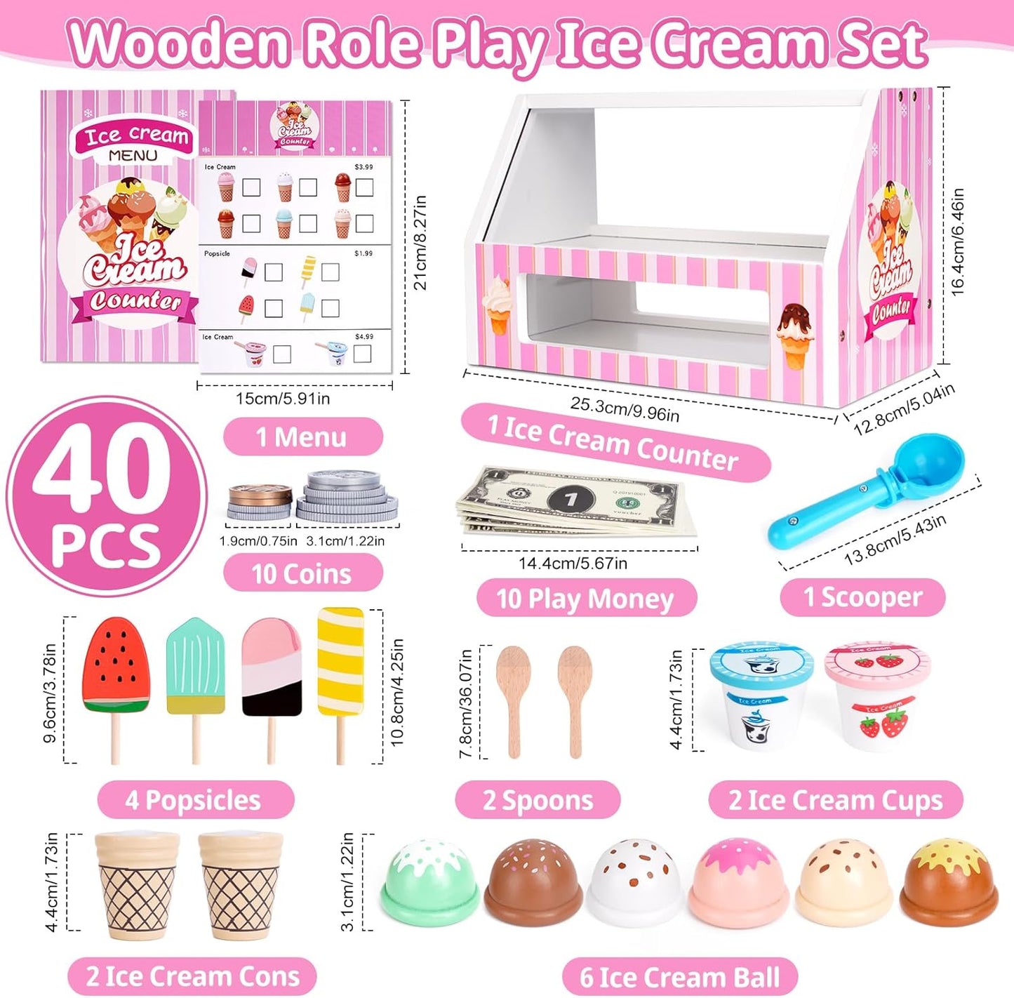 Ice Cream Toy, Wooden Pretend Play Toys Play Store for Kids, Wooden Ice Cream Play Set with Scoop, Menu, Fake Money, Ice Cream Toys Play Kitchen Food Gifts for 3 4 5 6 Year Old Toddlers Girls Boys
