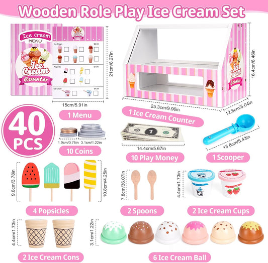 Ice Cream Toy, Wooden Pretend Play Toys Play Store for Kids, Wooden Ice Cream Play Set with Scoop, Menu, Fake Money, Ice Cream Toys Play Kitchen Food Gifts for 3 4 5 6 Year Old Toddlers Girls Boys