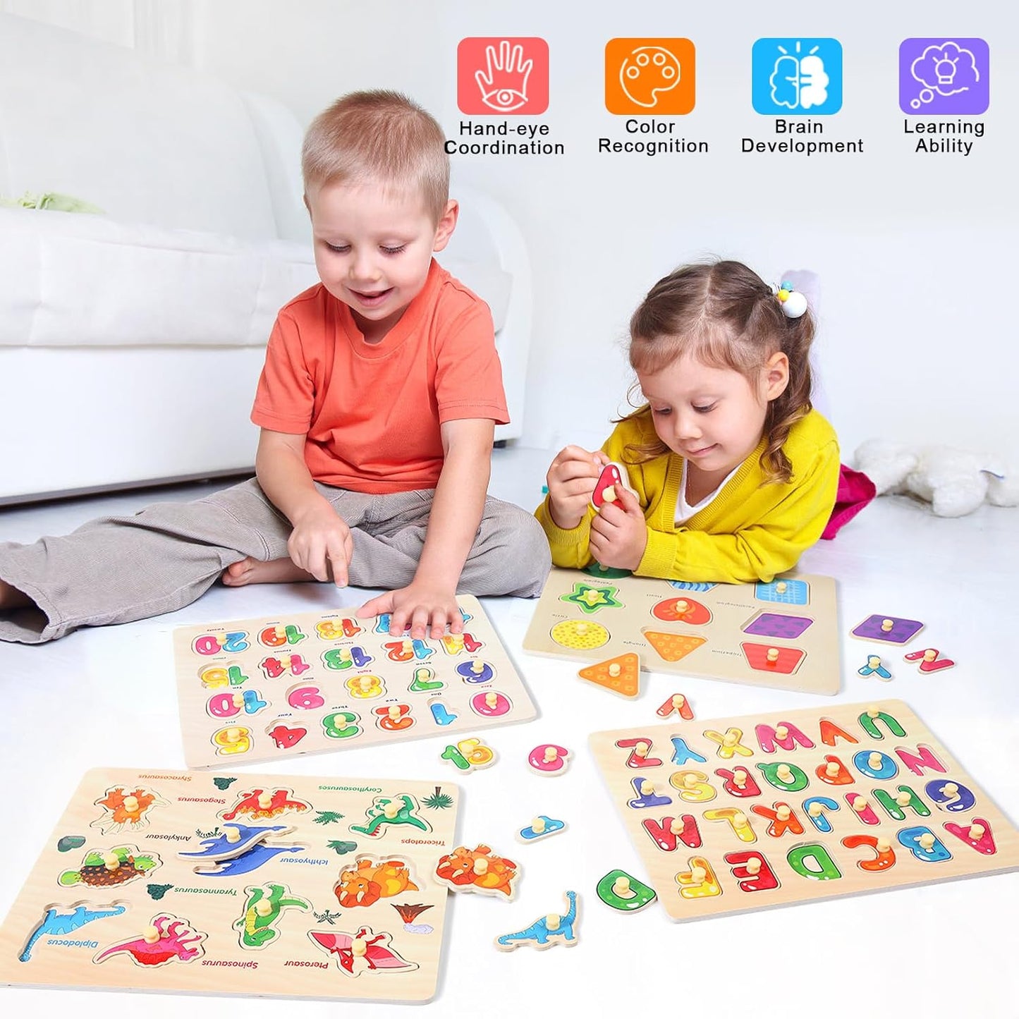 Montessori Wooden Peg Puzzles for Toddlers 3 4 5 Year Old, 4 Pcs Kids Educational Toys Preschool Learning Activities-Alphabet, Shape, Number and Dinosaur, Baby Puzzle Gifts for Boys Girls