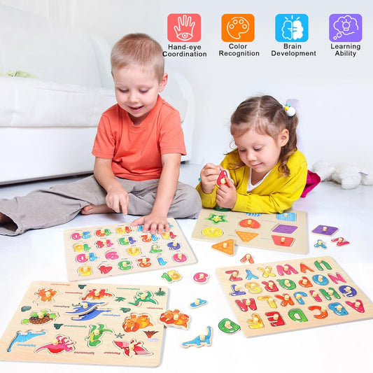 Montessori Wooden Peg Puzzles for Toddlers 3 4 5 Year Old, 4 Pcs Kids Educational Toys Preschool Learning Activities-Alphabet, Shape, Number and Dinosaur, Baby Puzzle Gifts for Boys Girls