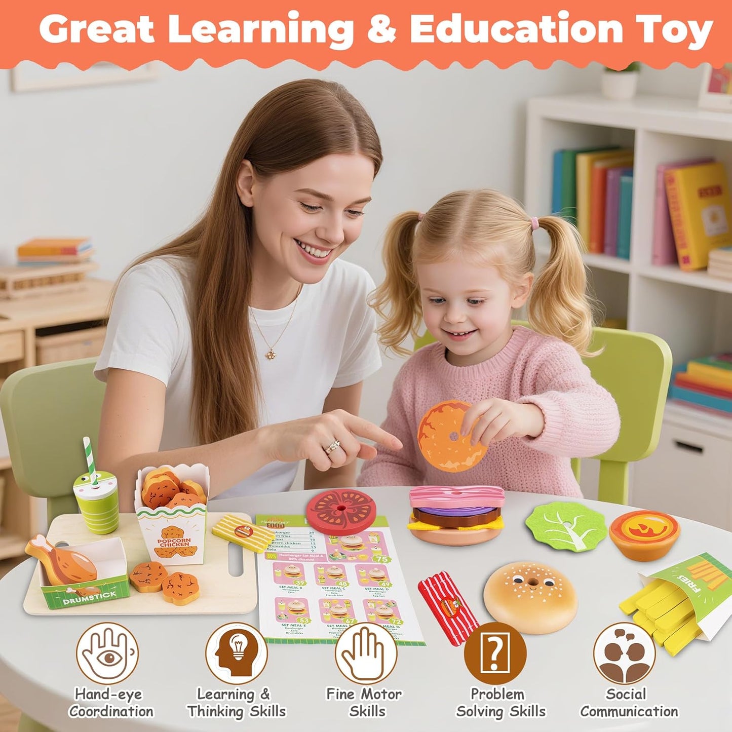 Montessori Toys Pretend Play Food Set for 3 4 5 Year Old, Wooden Fast Food Play Kitchen with Hamburger, Fries, Egg Tart, Popcorn Chicken, Drumsticks, Cola, Christmas Birthday Gifts Kids Boys Girls