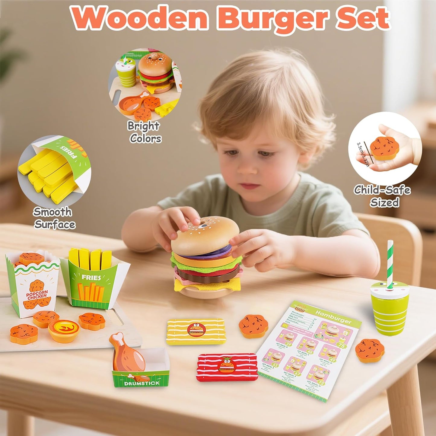 Montessori Toys Pretend Play Food Set for 3 4 5 Year Old, Wooden Fast Food Play Kitchen with Hamburger, Fries, Egg Tart, Popcorn Chicken, Drumsticks, Cola, Christmas Birthday Gifts Kids Boys Girls