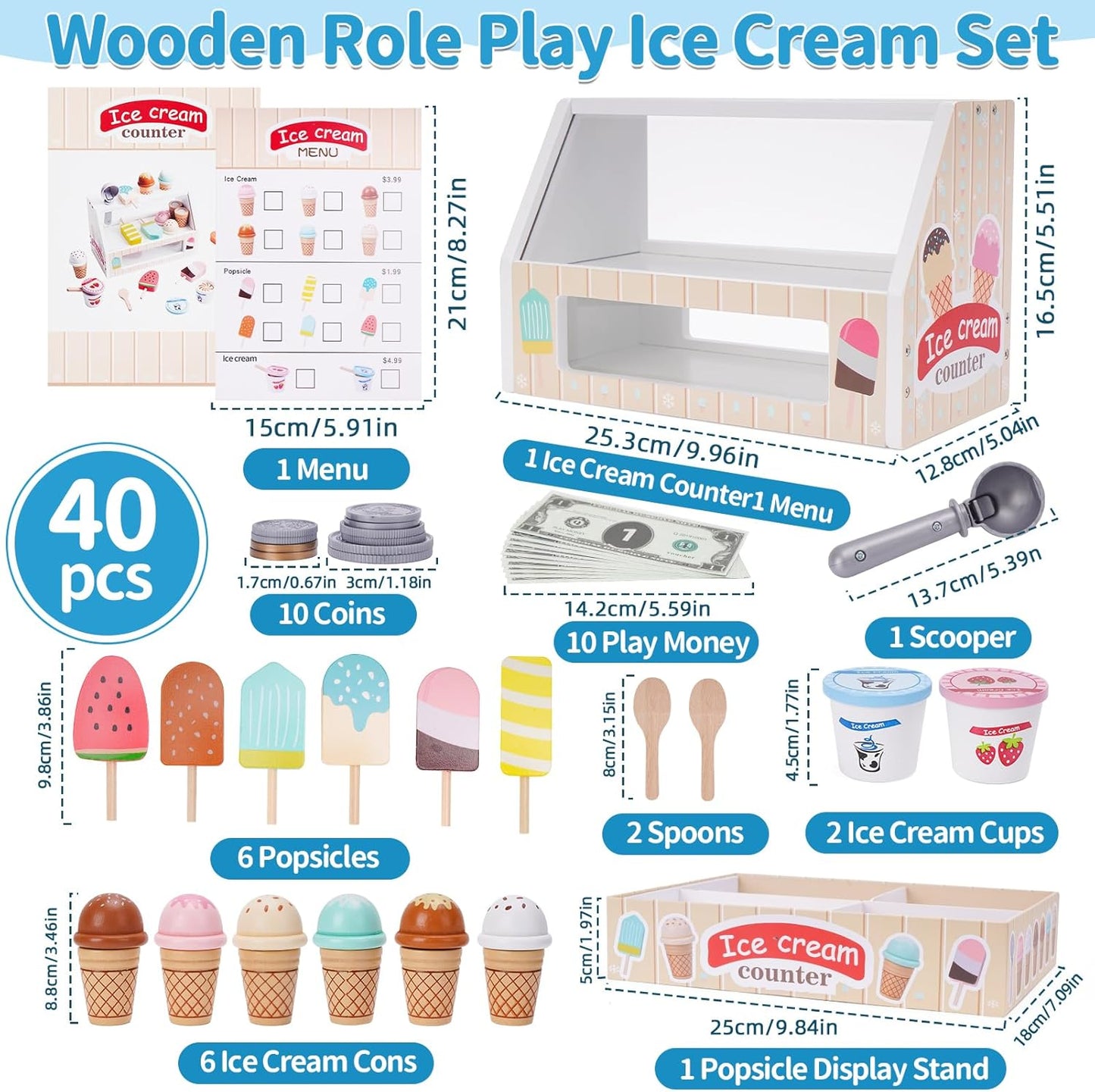 Wooden Ice Cream Counter Playset for Kids