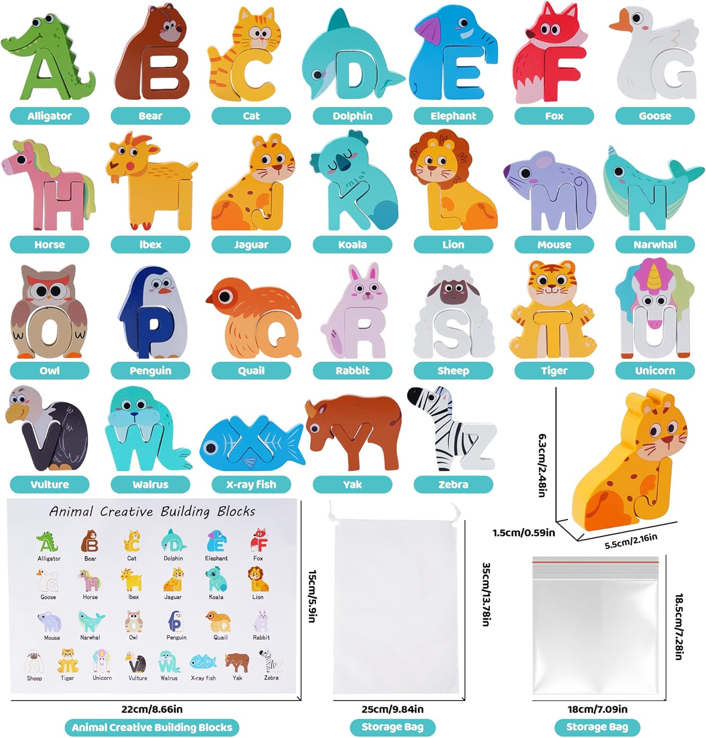 Wooden Toddler Puzzles, Montessori Toys ABC Alphabet Puzzle for Kids Ages 3-5, Cute Animal Shape Letters Matching Game, Preschool Learning Educational Toys Gift for Girls Boys 3 4 5 Years Old