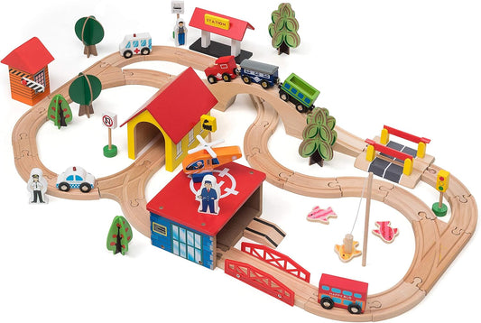 Wooden Train Set - 69 Pieces Wooden Train Tracks & Trains