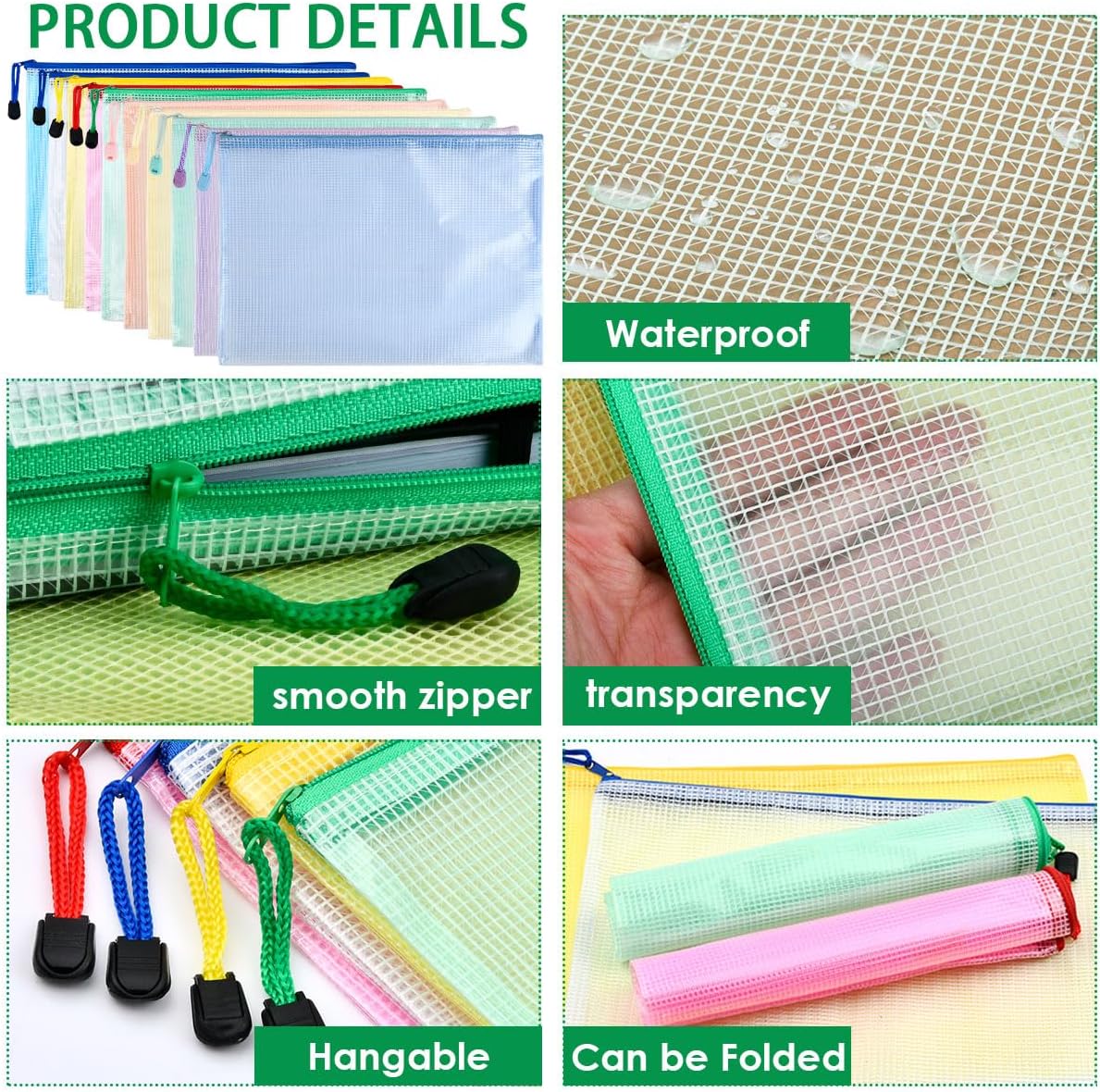 20 Pcs A4 Zip Wallets, 10 Colours A4 Clear Plastic Zip Wallets Folders