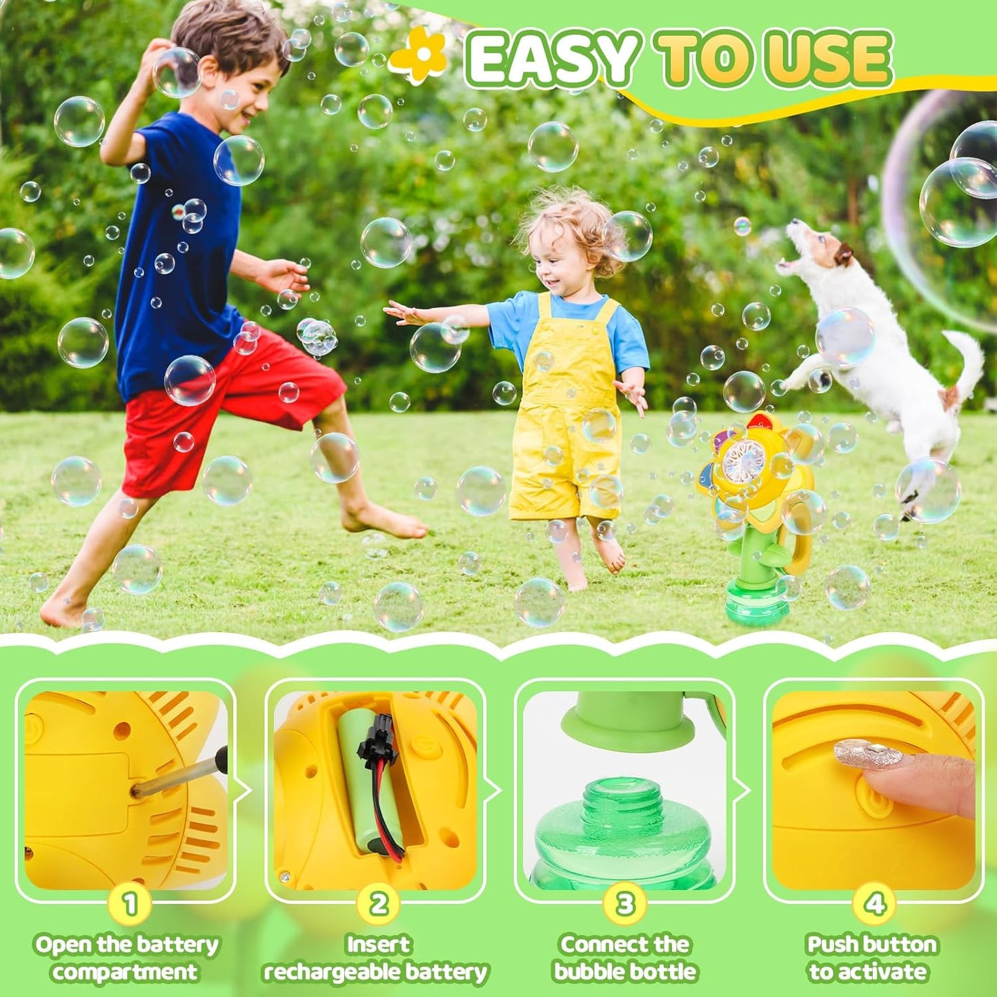 TOPLIVING Bubble Machine for Kids, Rechargeable Dancing Sunflower Bubble Maker