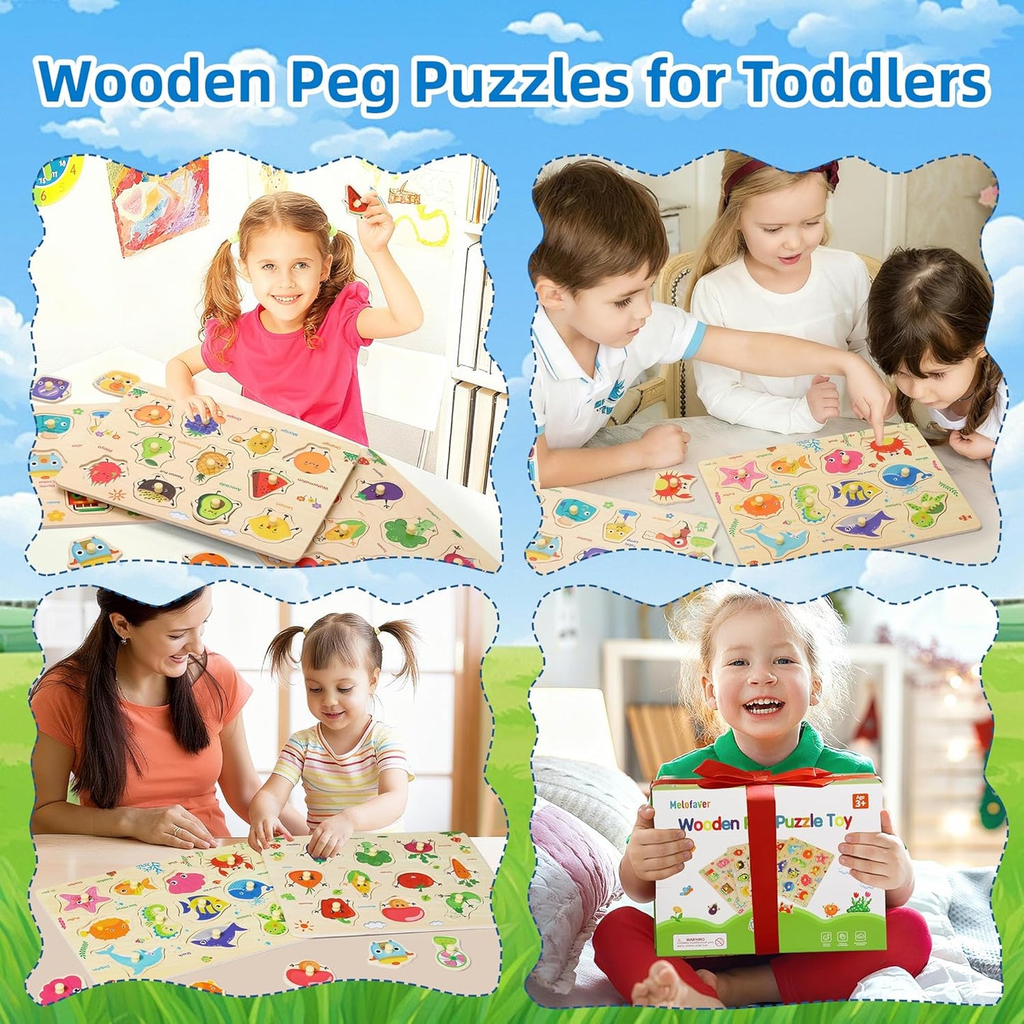 Wooden Peg Puzzles for Toddlers, 4 PCS Toddler Puzzles Set-Fruits, Sea Animals, Home Appliances, Vegetables, Baby Puzzle Montessori Toys for 3 4 5 Years Boys Girls, Kids Preschool Learninng Toys Gift