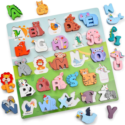 Wooden Alphabet Puzzles for Toddlers 1-3, ABC Puzzles with Spelling Board & Animals