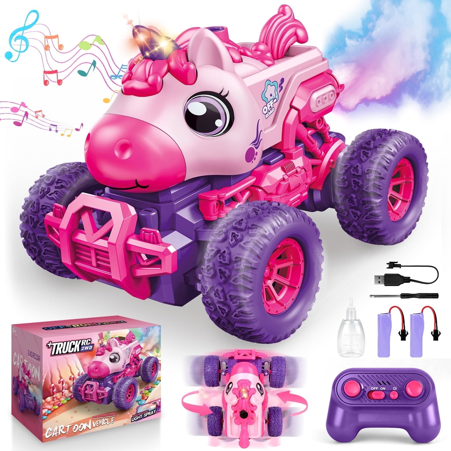 Unicorn Remote Control Cars,Rechargeable RC Cars for Kids with Spray & LED Light