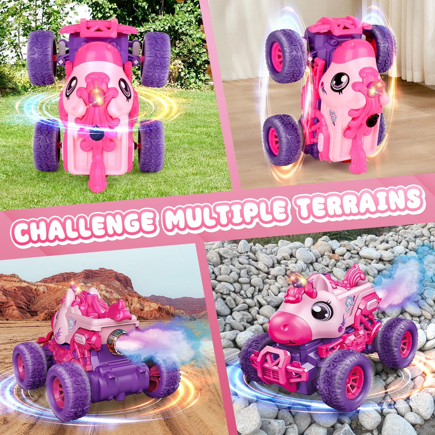 Unicorn Remote Control Cars,Rechargeable RC Cars for Kids with Spray & LED Light