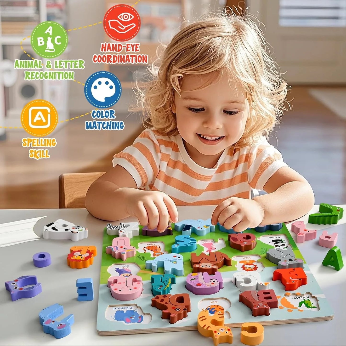 Wooden Alphabet Puzzles for Toddlers 1-3, ABC Puzzles with Spelling Board & Animals