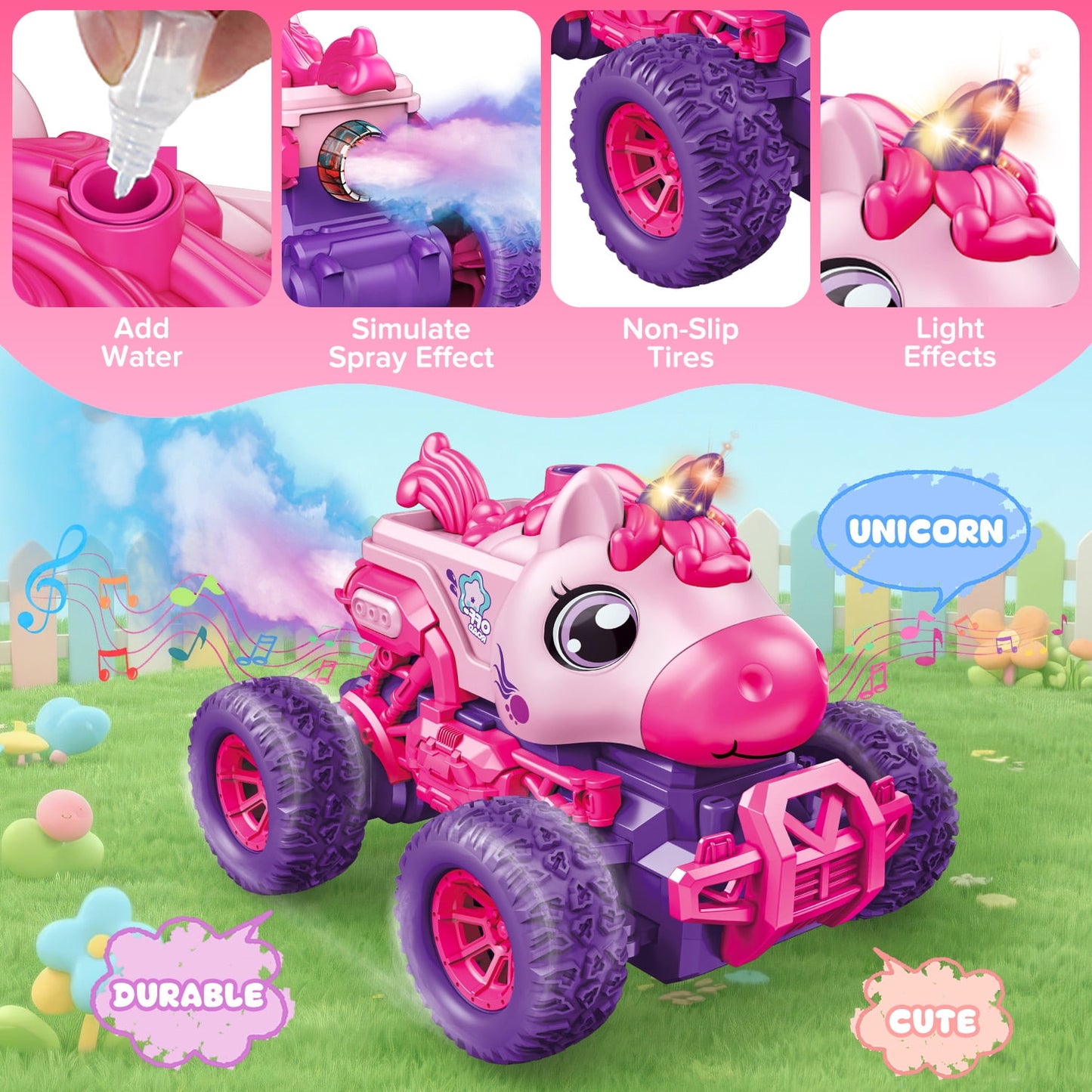 Unicorn Remote Control Cars,Rechargeable RC Cars for Kids with Spray & LED Light